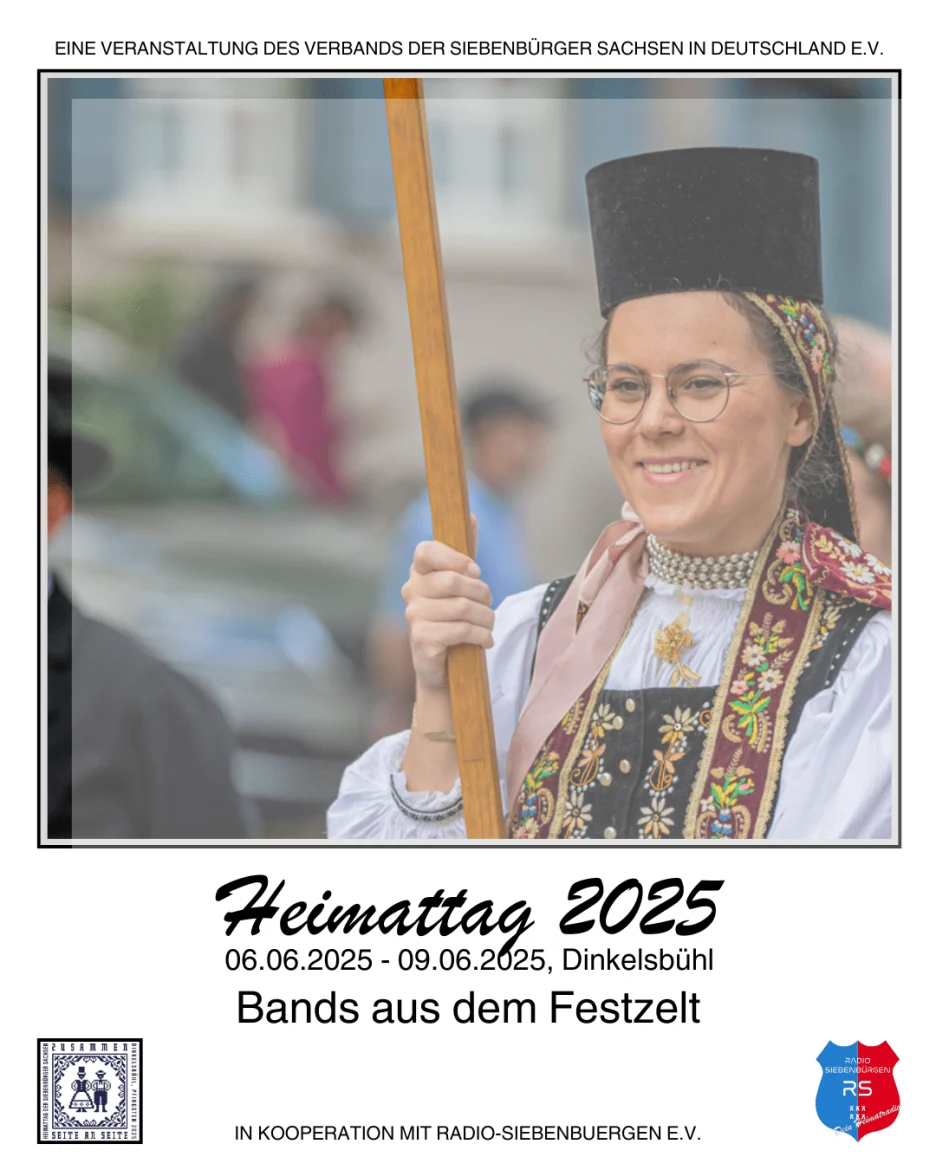 Ankündigungsplakat Heimattag Dinkelsbühl 2025 – Bands aus dem Festzelt, Veranstaltung des Verbands der Siebenbürger Sachsen in Kooperation mit Radio Siebenbürgen, abgebildet ist eine Frau in traditioneller siebenbürgisch-sächsischer Tracht