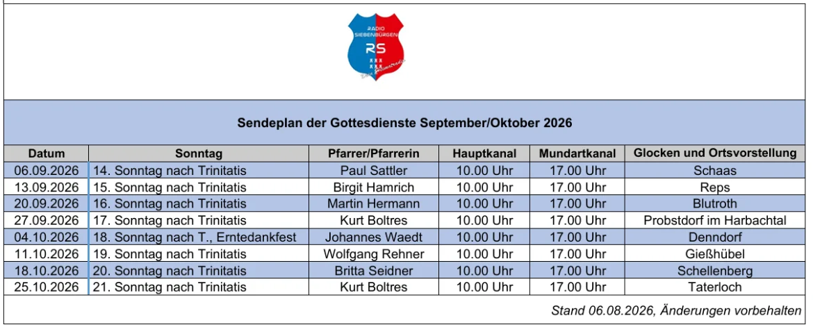 Einladung zu den Gottesdiensten auf Radio Siebenbürgen