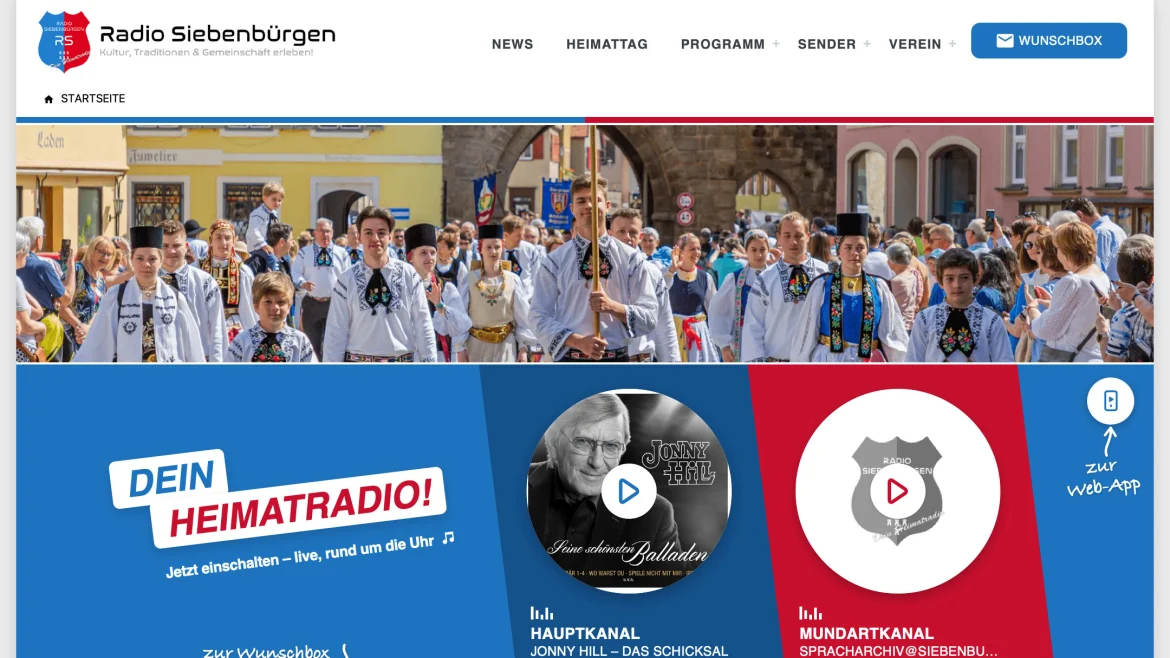 Die neue Startseite von Radio Siebenbürgen mit Kopffoto, dem Schriftzug „Dein Heimatradio!“ und den beiden Kanälen