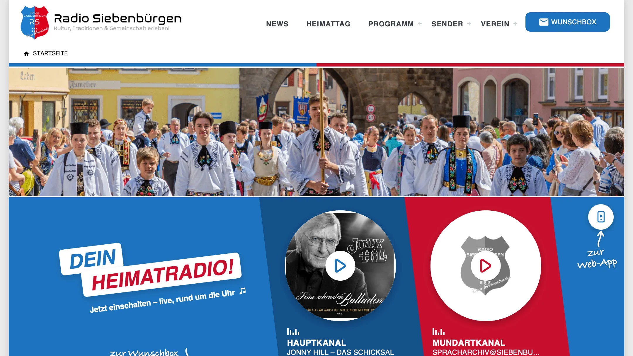 Die neue Startseite von Radio Siebenbürgen mit Kopffoto, dem Schriftzug „Dein Heimatradio!“ und den beiden Kanälen