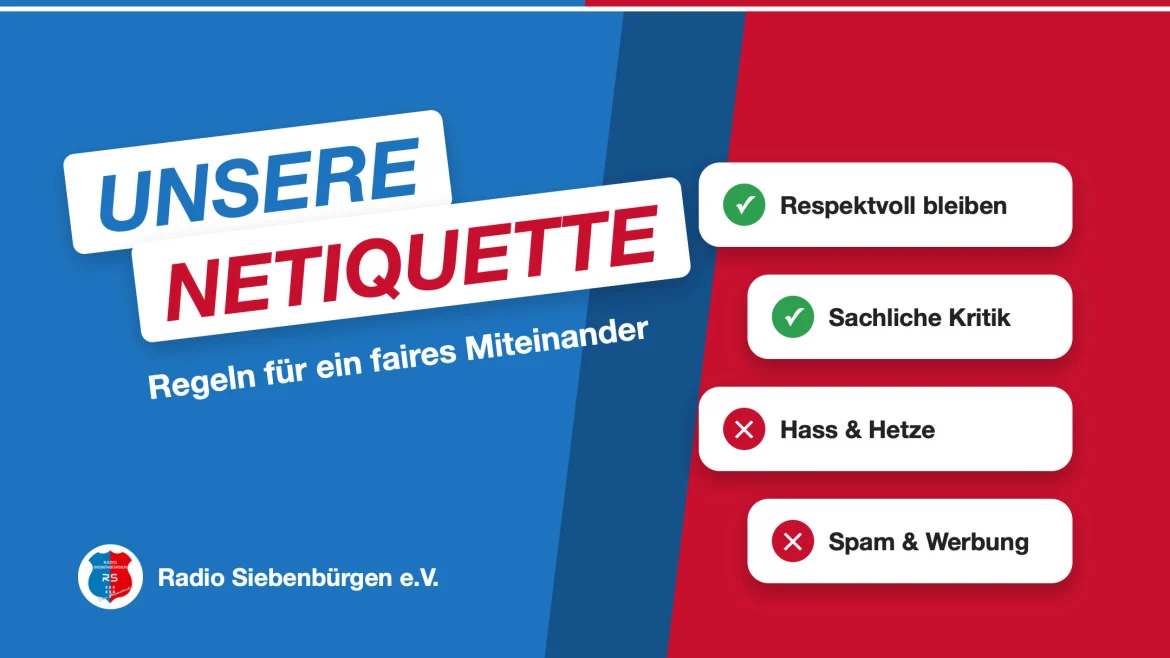 Grafik: Unsere Netiquette – Regeln für ein faires Miteinander: respektvoll bleiben, sachliche Kritik ja, Hass, Hetze, Spam und Werbung nein