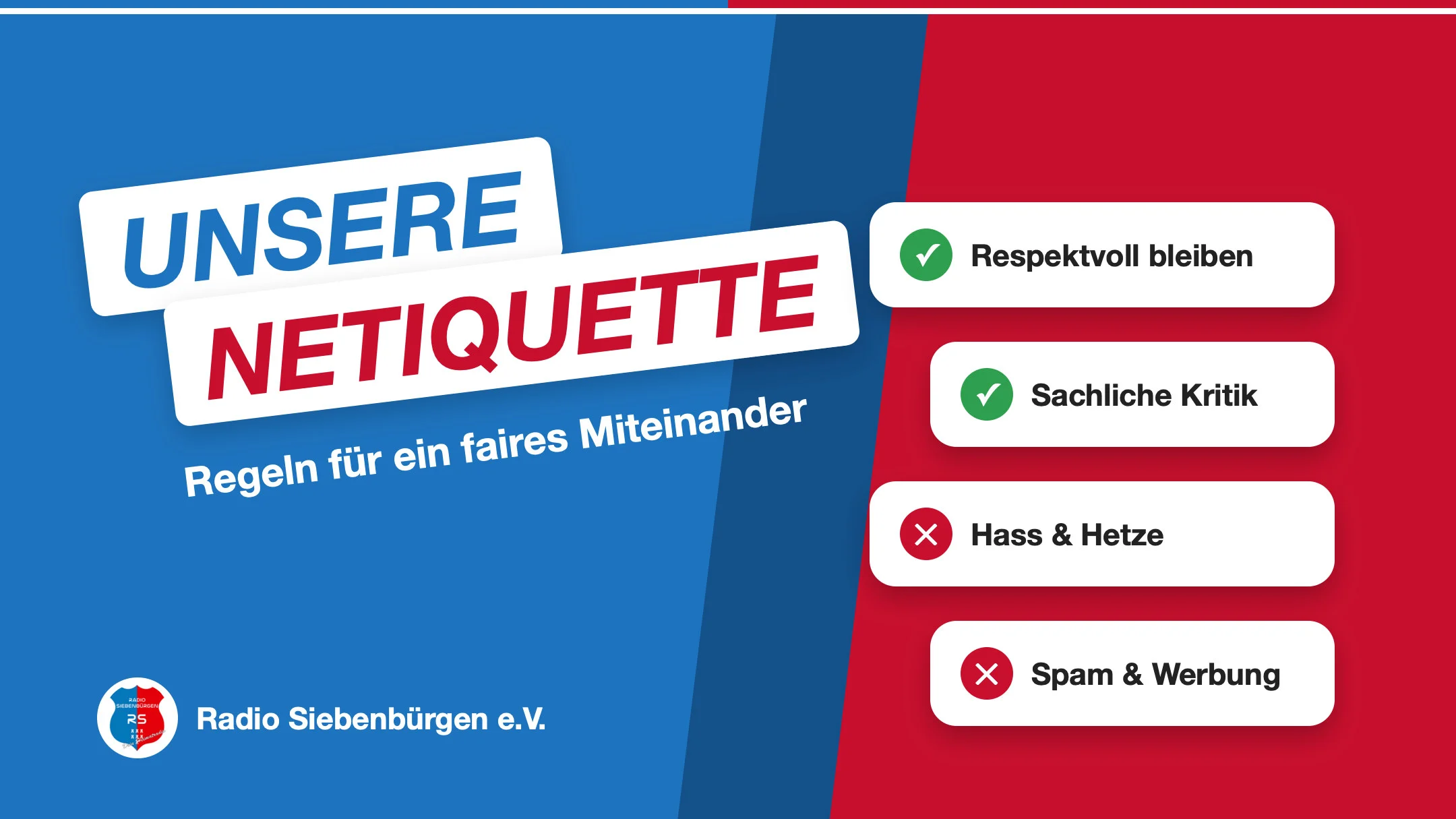 Grafik: Unsere Netiquette – Regeln für ein faires Miteinander: respektvoll bleiben, sachliche Kritik ja, Hass, Hetze, Spam und Werbung nein