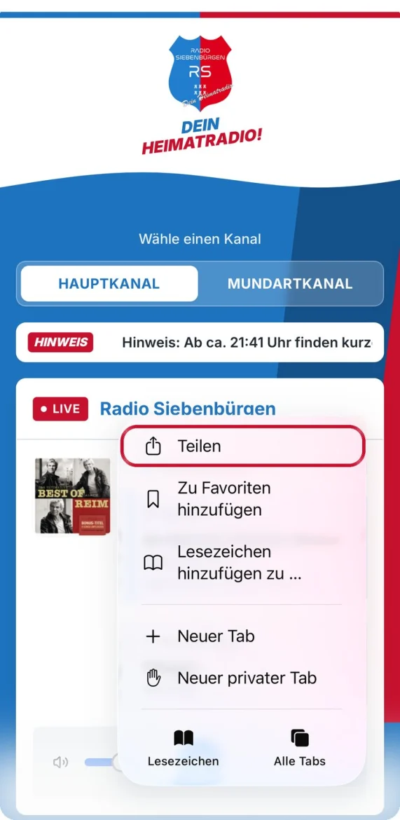 Geöffnetes Safari-Menü, der Eintrag Teilen ist markiert