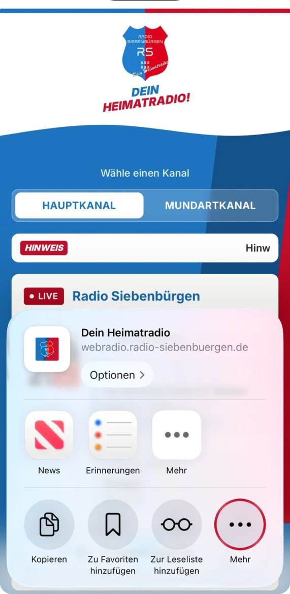 Teilen-Fenster in Safari, der Knopf Mehr unten rechts ist markiert