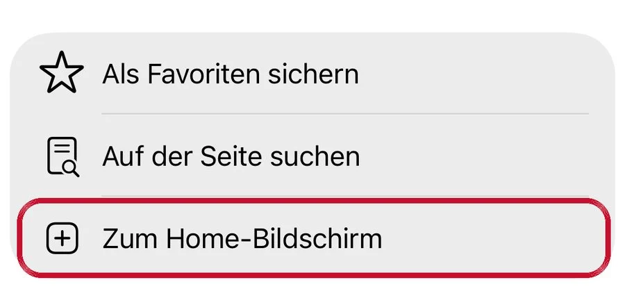 Liste der Aktionen in Safari, der Eintrag Zum Home-Bildschirm ist markiert
