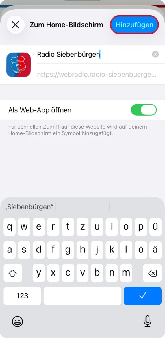 Fenster Zum Home-Bildschirm mit dem Namen Radio Siebenbürgen, der Knopf Hinzufügen ist markiert