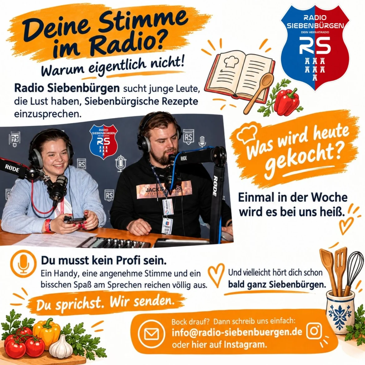 Plakat: Radio Siebenbürgen sucht junge Leute, die siebenbürgische Rezepte einsprechen. Kontakt: info@radio-siebenbuergen.de oder Instagram