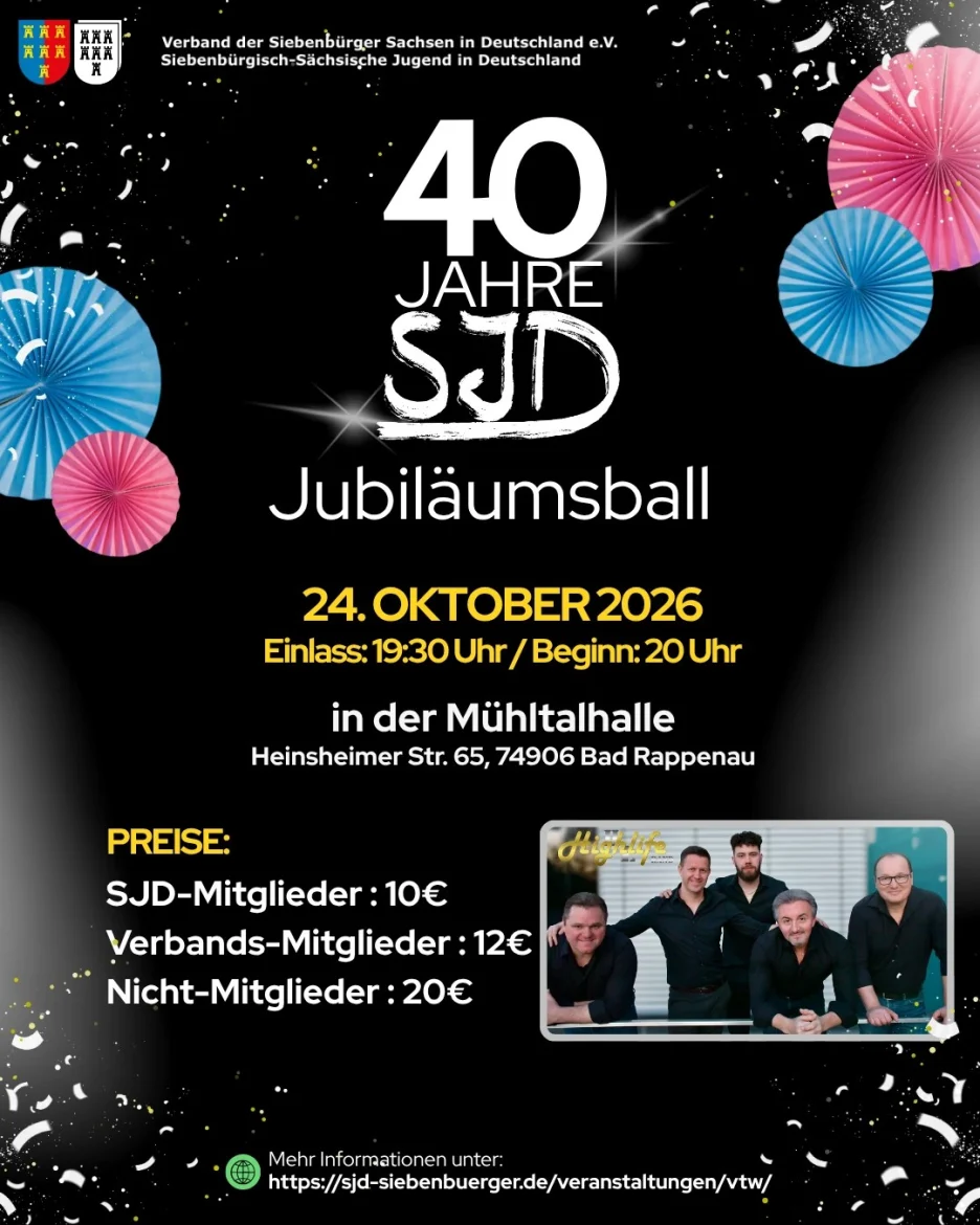 Flyer der SJD zum Jubiläumsball 40 Jahre SJD am 24. Oktober 2026 in der Mühltalhalle Bad Rappenau, Einlass 19:30 Uhr, Beginn 20 Uhr, mit Foto der Highlife Band