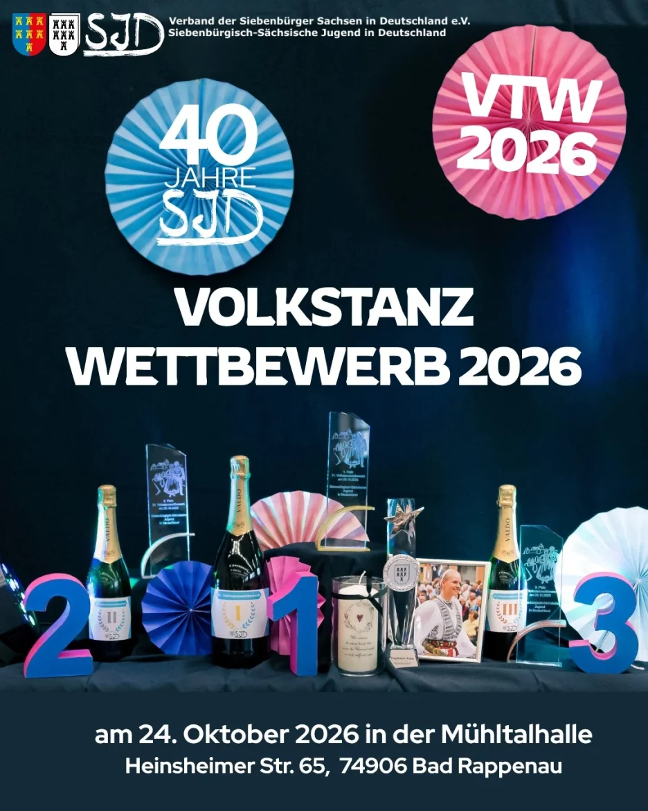 Flyer der SJD zum Volkstanzwettbewerb 2026 mit Pokalen und den Platzziffern 1, 2 und 3: am 24. Oktober 2026 in der Mühltalhalle, Heinsheimer Str. 65, 74906 Bad Rappenau