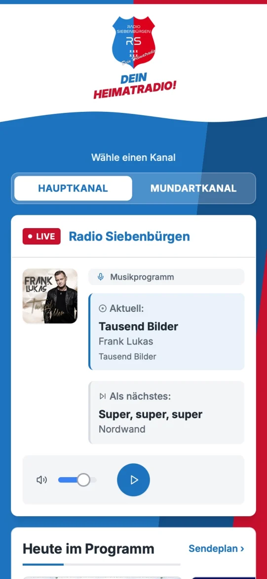 Die Web-App auf dem Handy: Kanalwahl Hauptkanal oder Mundartkanal, laufender Titel mit Cover und großer Play-Knopf